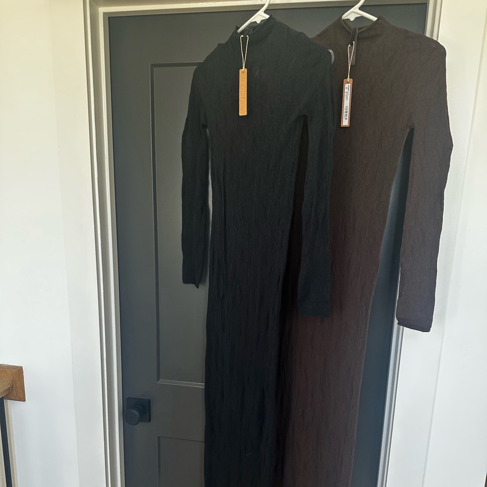 SKIMS Black Long-Sleeve Mock Neck Knit Lace Maxi Dress